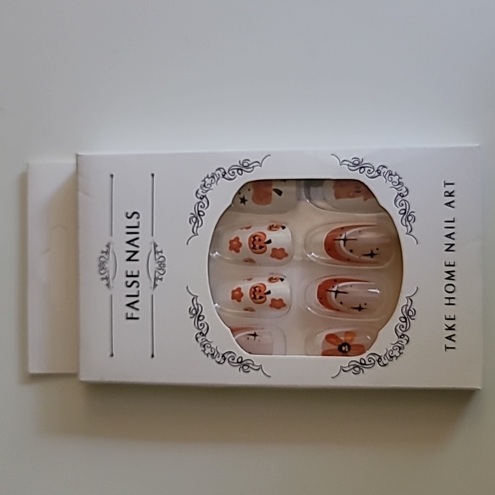 Press On Nails Do-It-Yourself White & Orange Halloween Designs Nail Art